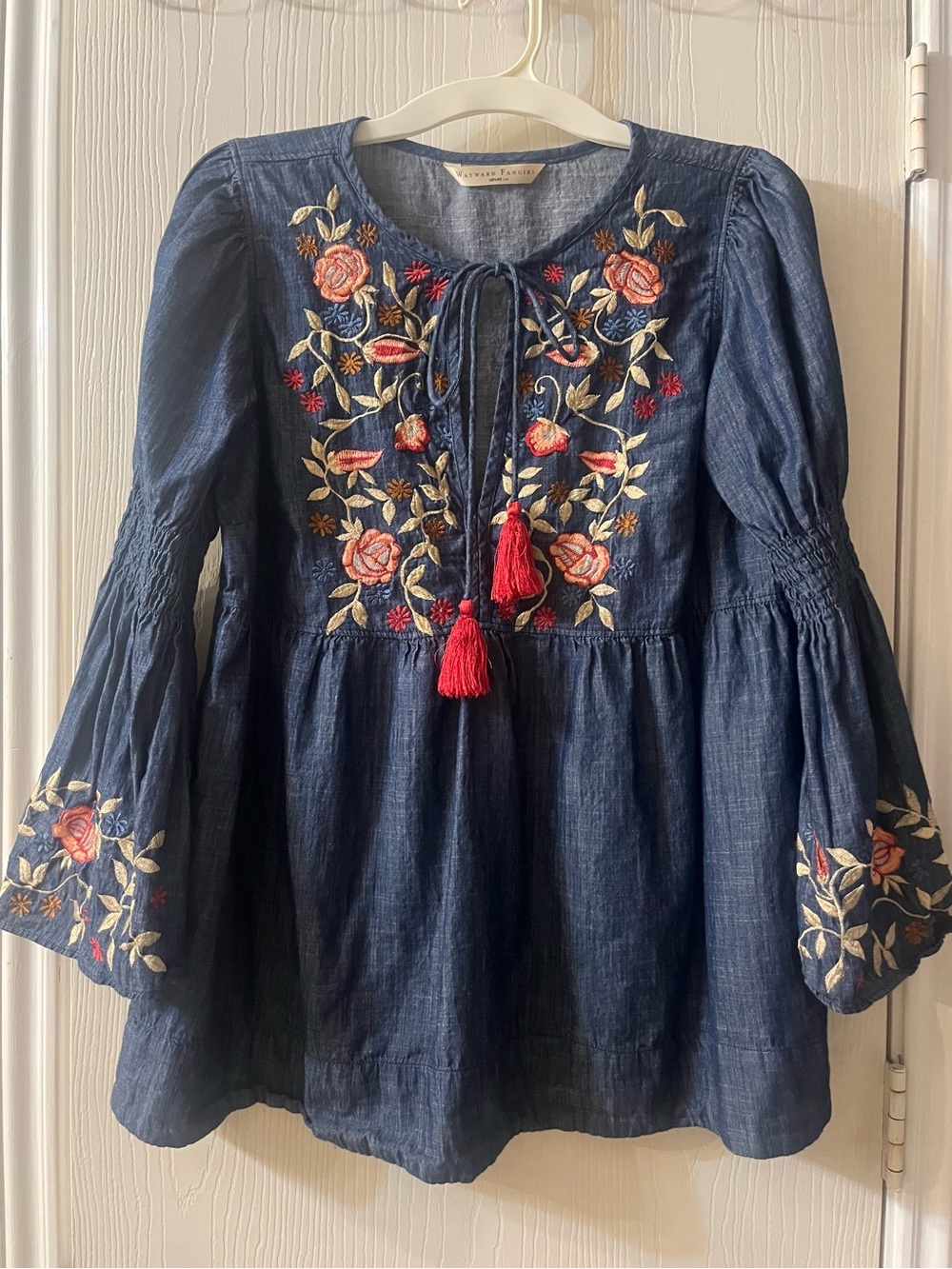 Velvet by Graham & Spencer Navy Embroidered Peasant Top with Red Tassels